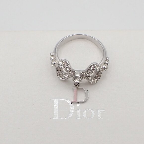 Dior Logo Rhinestone Bow Ring Silver Plated Accessory 09EF811 - Picture 11 of 15